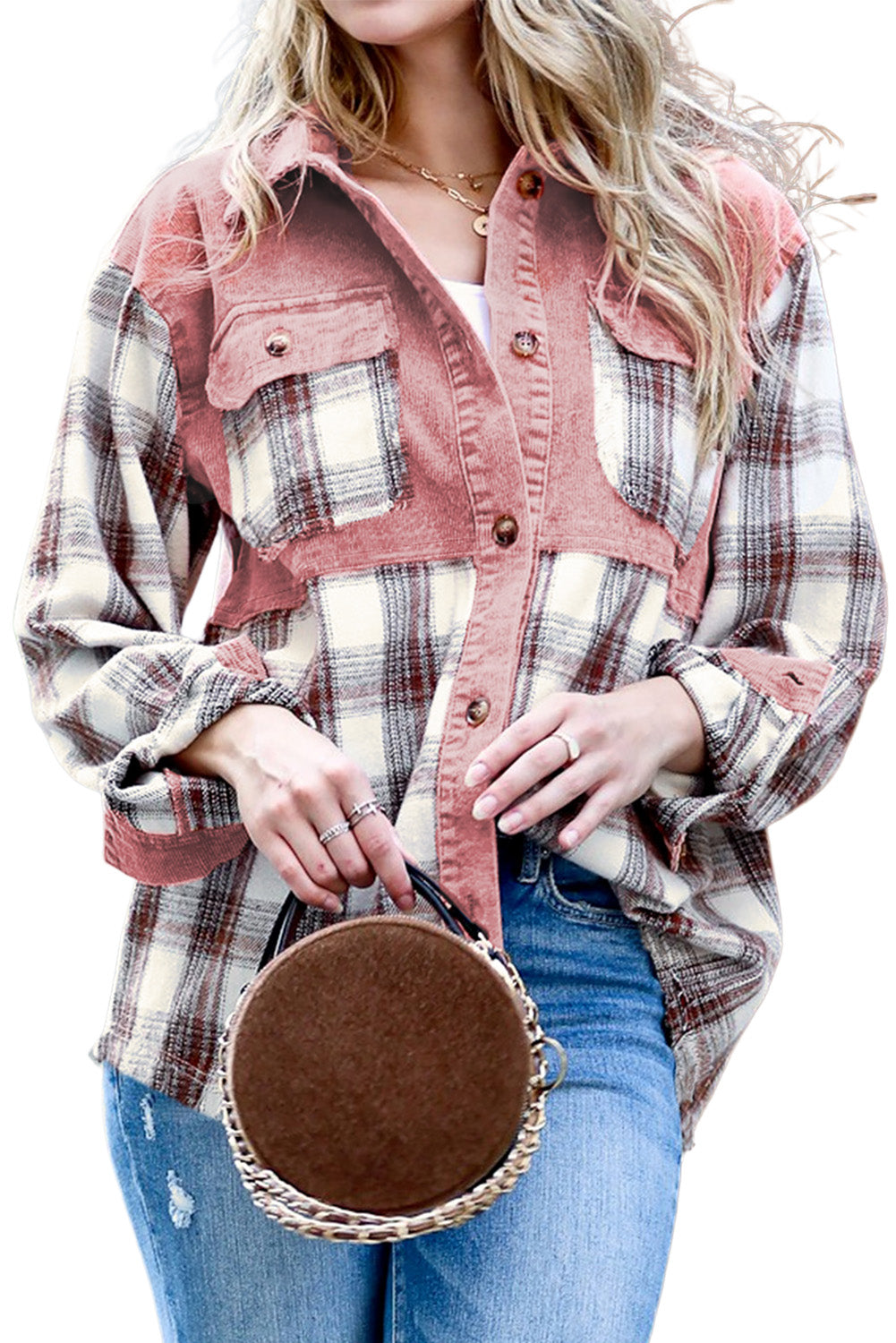 Brown Casual Plaid Colorblock Button Down Shacket