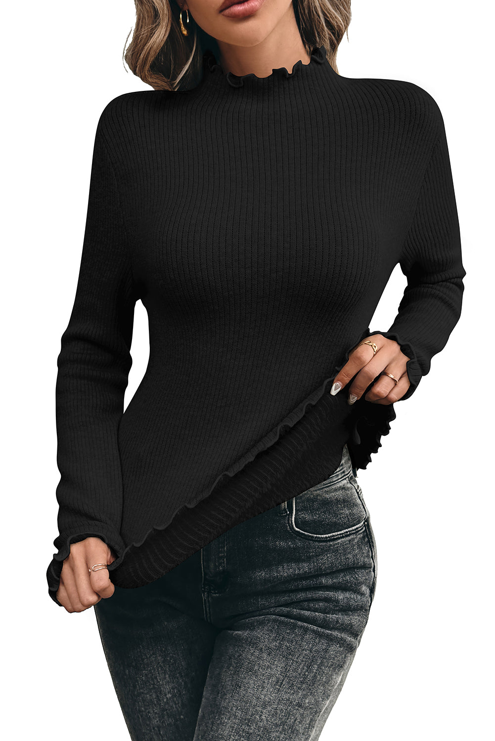 Black Knit Fleece Lined Lettuce Edge Slim Fit Top