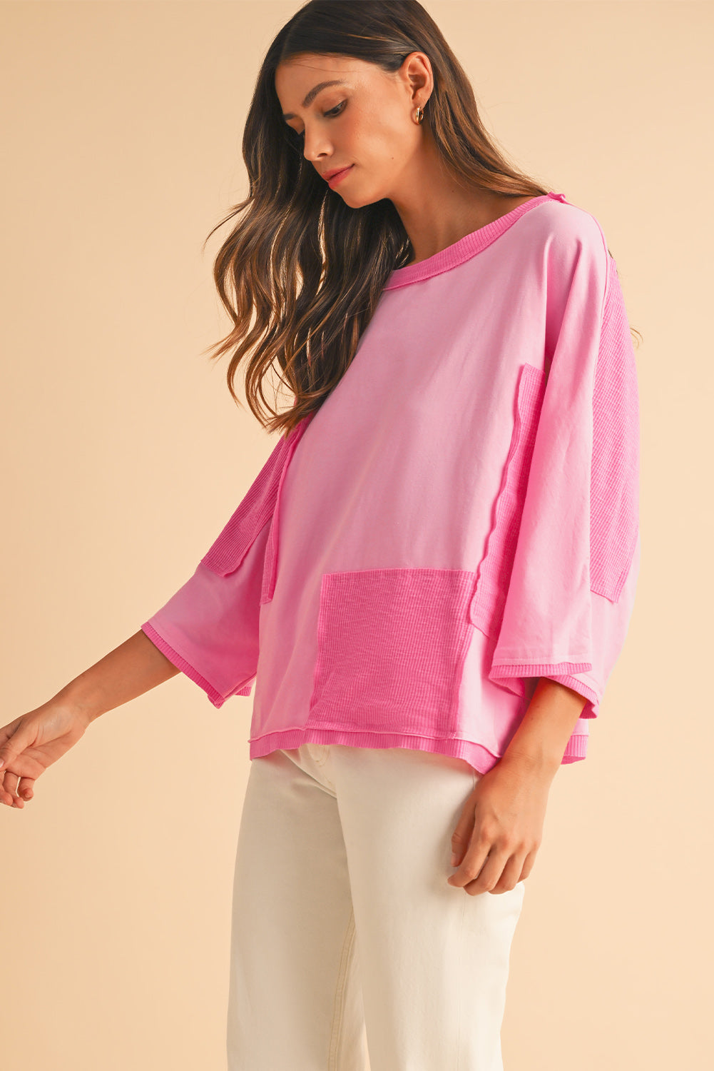 Pink Textured Patchwork 3/4 Sleeve Oversized Top