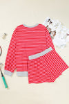 Red Striped Drop Shoulder Baggy Pullover and Shorts Casual Set