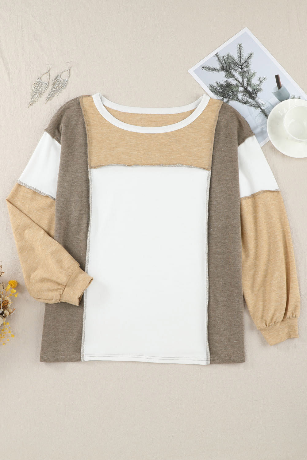 Khaki Color Block Exposed Seam Long Sleeve Top