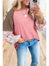 Fushia Floral Plaid Mixed Print Patchwork Raglan Ribbed Top