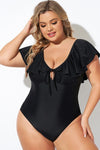 Black Ruffle Sleeve Lace-up V Neck Plus Size One Piece Swimsuit