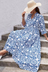 Sky Blue Geometric Print Notch Neck Plus Size Maxi Dress