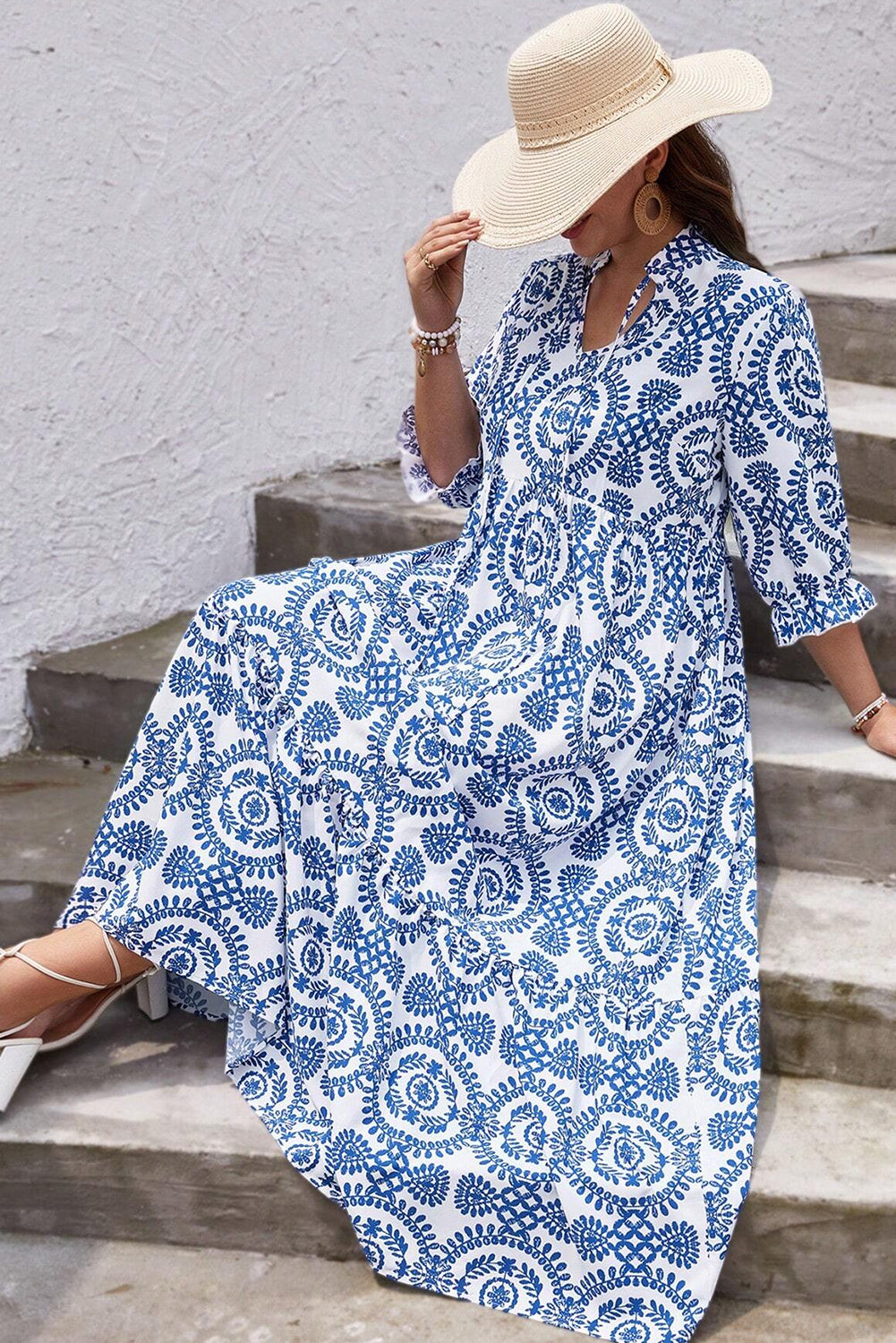 Sky Blue Ethnic Geometric Print Notch Neck Plus Size Maxi Dress