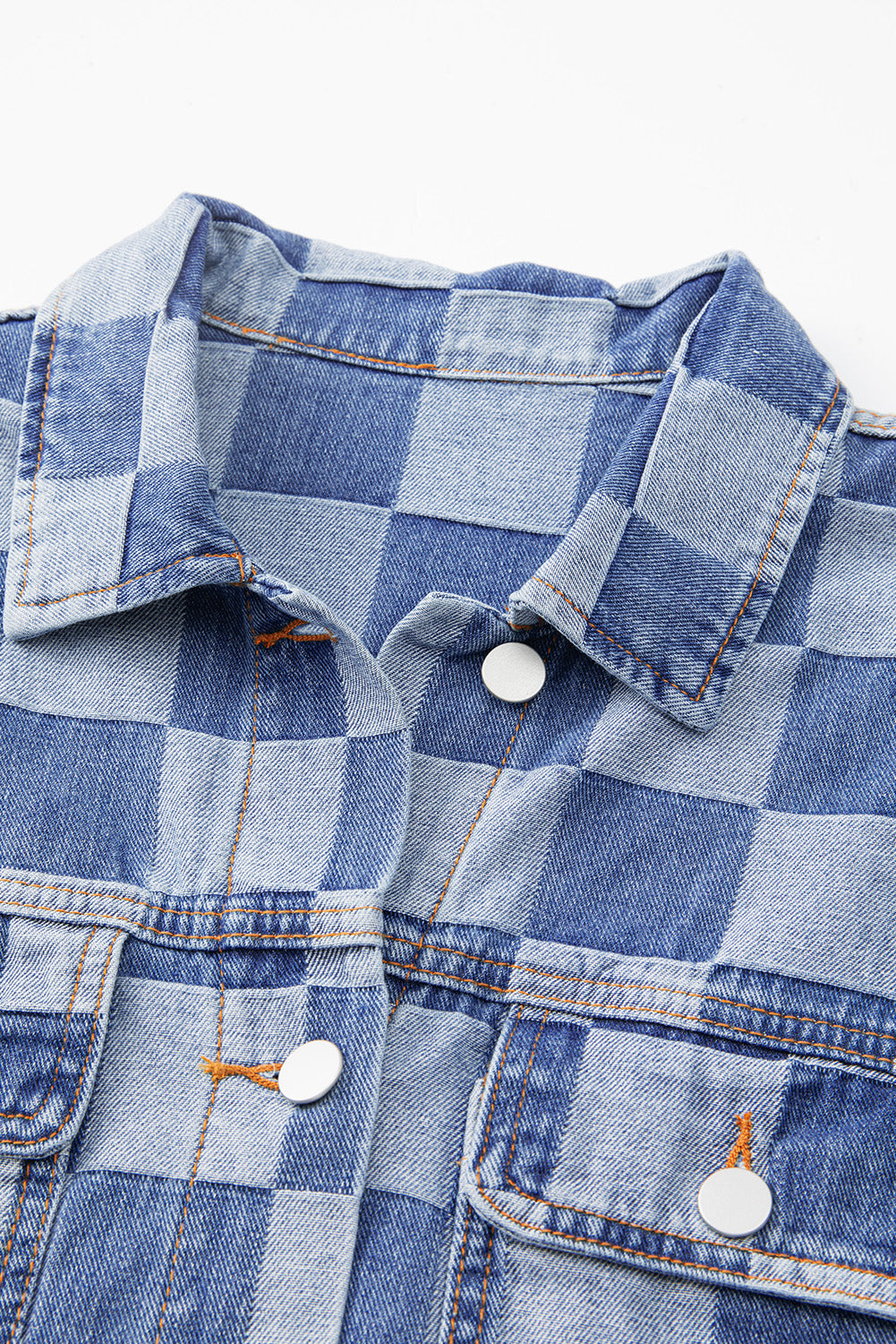 Light Blue Checkered Patchwork Button Up Denim Jacket