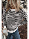 Coffee Stripe Contrast Edge Crew Neck Drop Shoulder Sweater