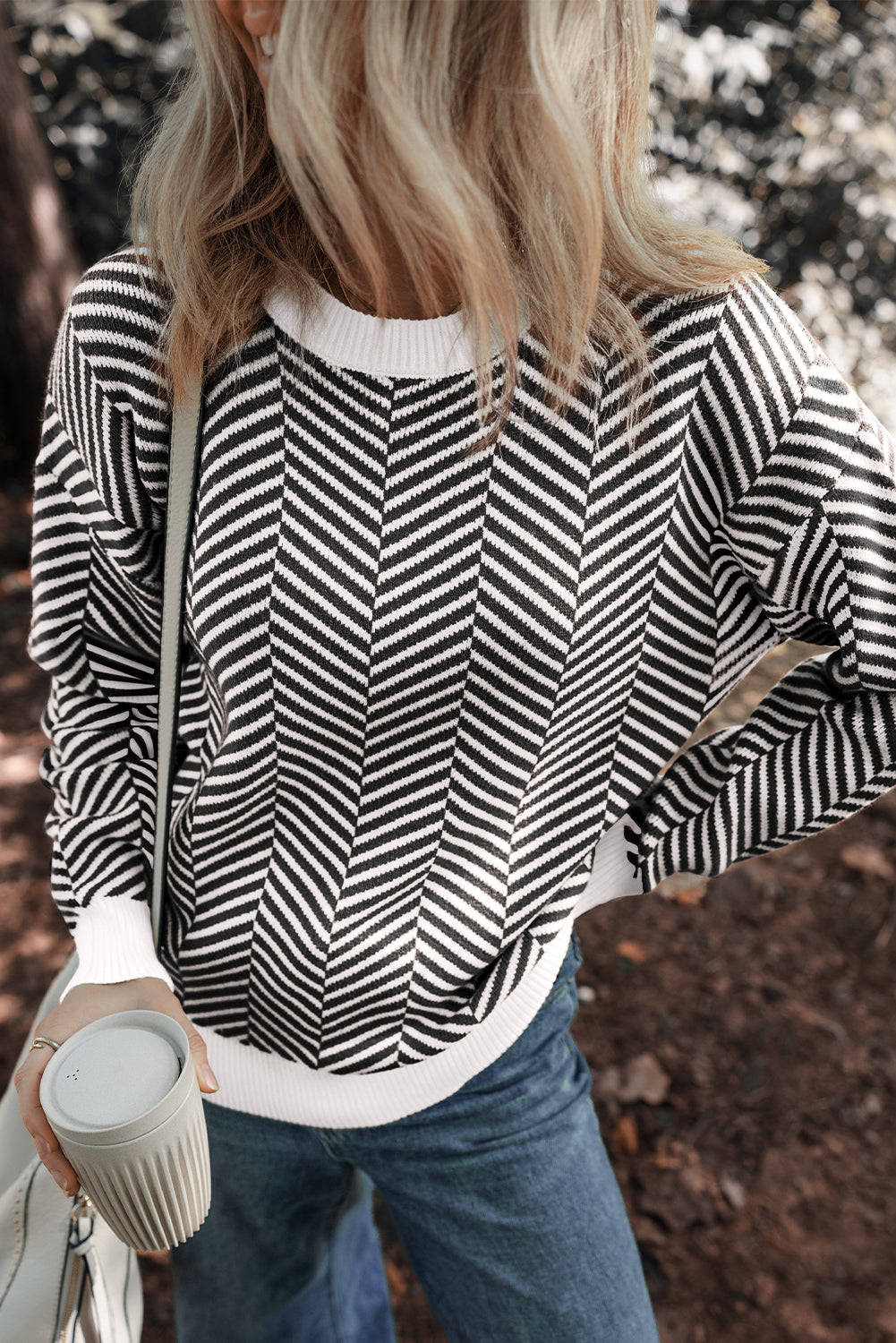 Coffee Stripe Contrast Edge Crew Neck Drop Shoulder Sweater