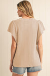 Beige Solid Color Textured Ruffle Short Sleeve Knit Top