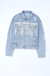 Blue Sequined Fringe Distressed Button Up Denim Jacket