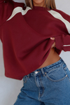 Burgundy Casual Colorblock Loose Tunic Sweatshirt