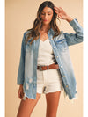 Sky Blue Light Wash Distressed Frayed Long Denim Jacket