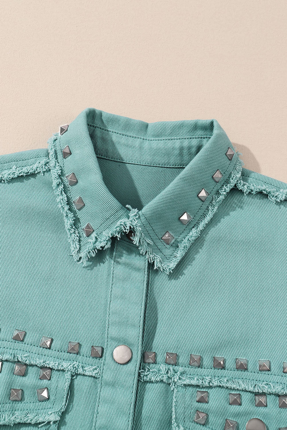 Green Frayed Trim Vintage Rivet Denim Jacket