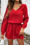 Fiery Red Solid Color Long Sleeve V Neck Bubble Sleeve Dress