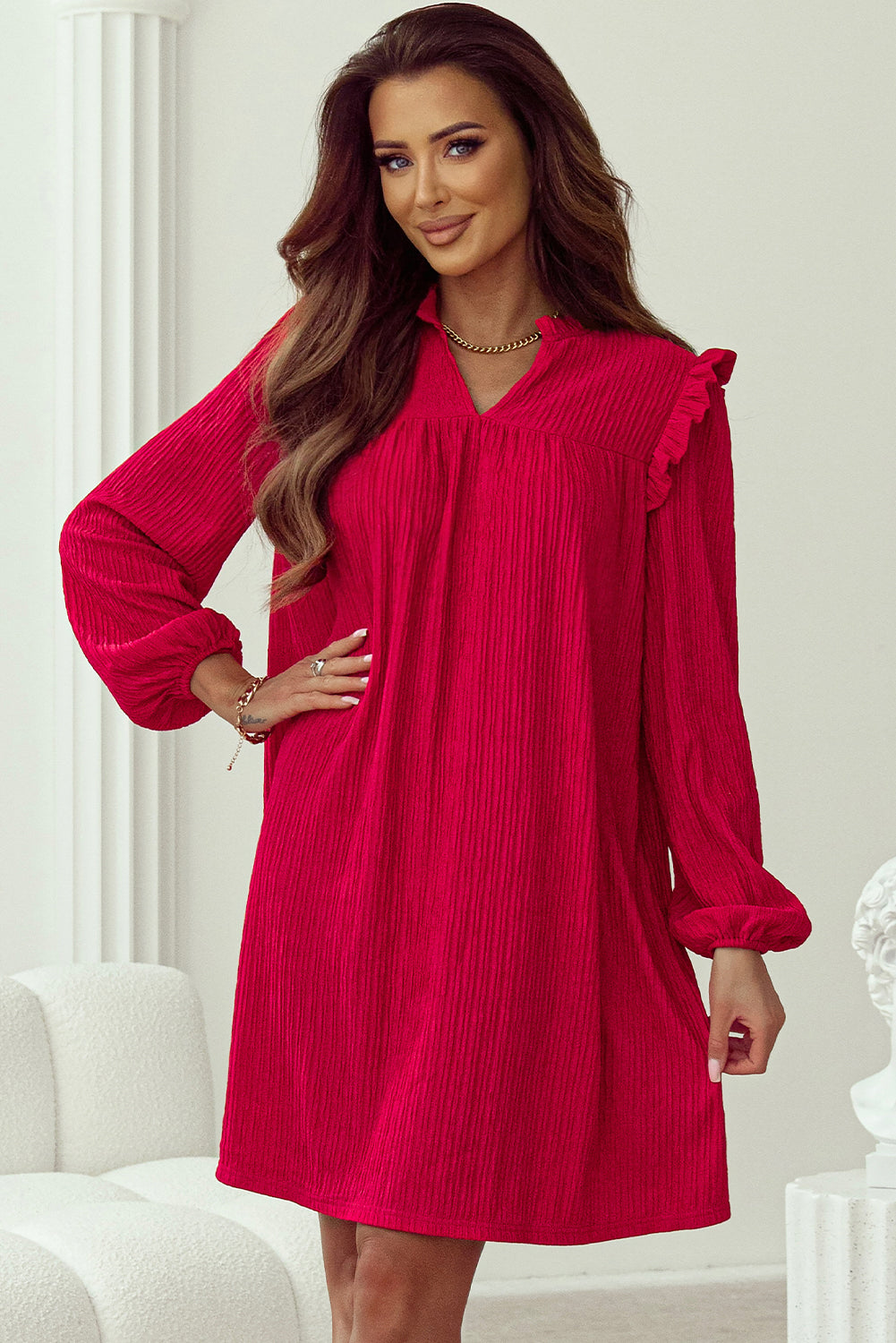 Fiery Red Frill Trim V Neck Loose Fit Ribbed Mini Dress