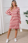 Pink Stripe Pocketed Collared V Neck Loose Fit Mini Dress