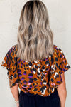 Orange Leopard Printed Short Sleeve Slit V Neck Blouse