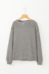 Black Striped Round Neck Drop Shoulder Long Sleeve Top