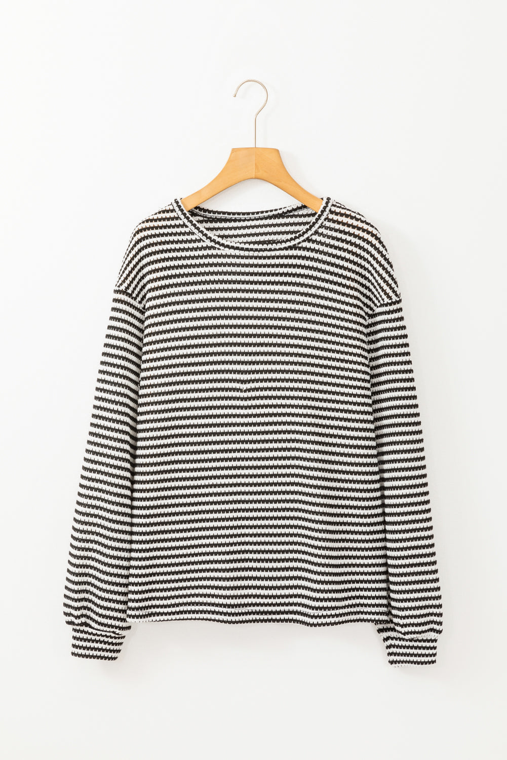 Black Striped Round Neck Drop Shoulder Long Sleeve Top