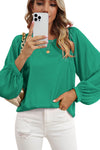 Pink Plain Satin Puff Long Sleeve Crewneck Blouse