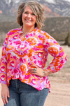 Pink Plus Size Abstract Print V Neck Blouse