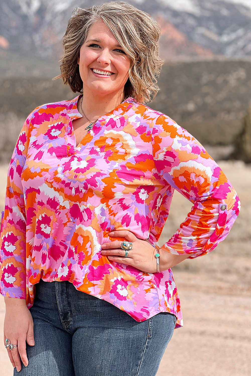 Pink Plus Size Abstract Print V Neck Blouse