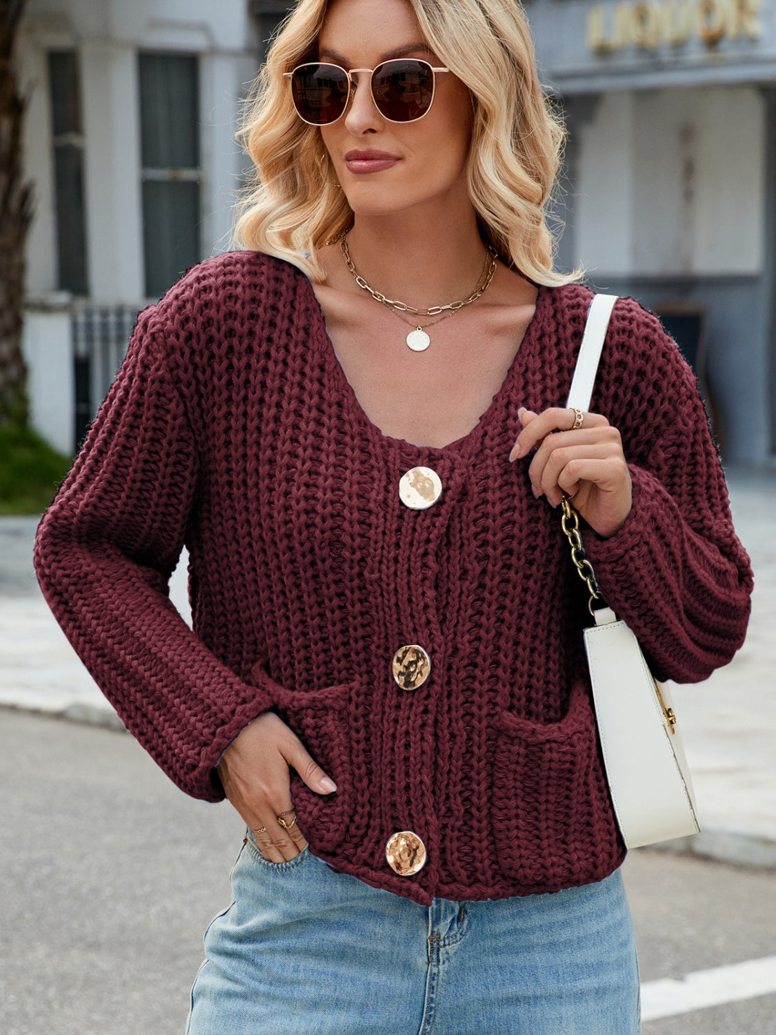 Round Neck Button Up Cardigan with Pockets