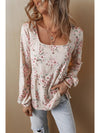 Pink Floral Print Pleated U Neck Loose Fit Blouse