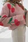 Pink Cherry Print Round Neck Knit Sweater