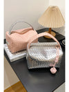 Silvery Lattice Texture Corded Ball Decor Weaven Handle Cosmetic Bag