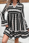 Black Boho Geometric Printed Flared Long Sleeve Mini Dress - Cocoa Yacht Club