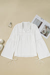White Drawstring Lace Detail Puff Sleeve Split Neck Blouse