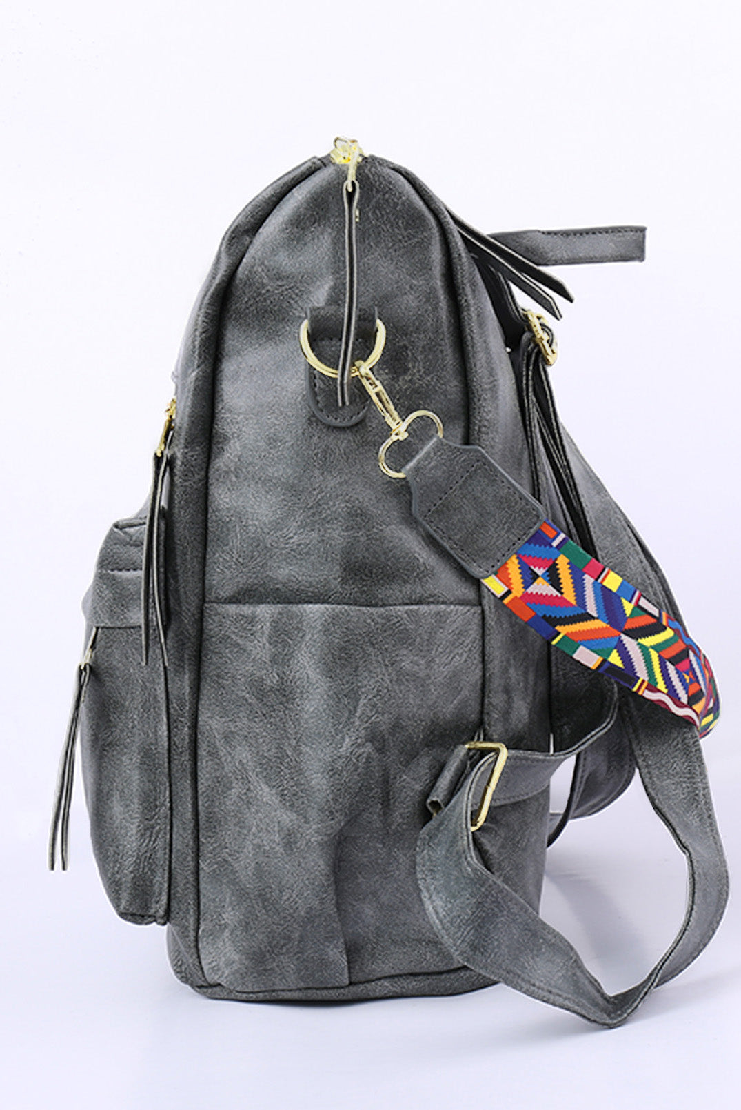 Dark Grey Zip Closure Aztec Pattern Strap Backpack Handbag