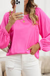 Pink Plain Satin Puff Long Sleeve Crewneck Blouse