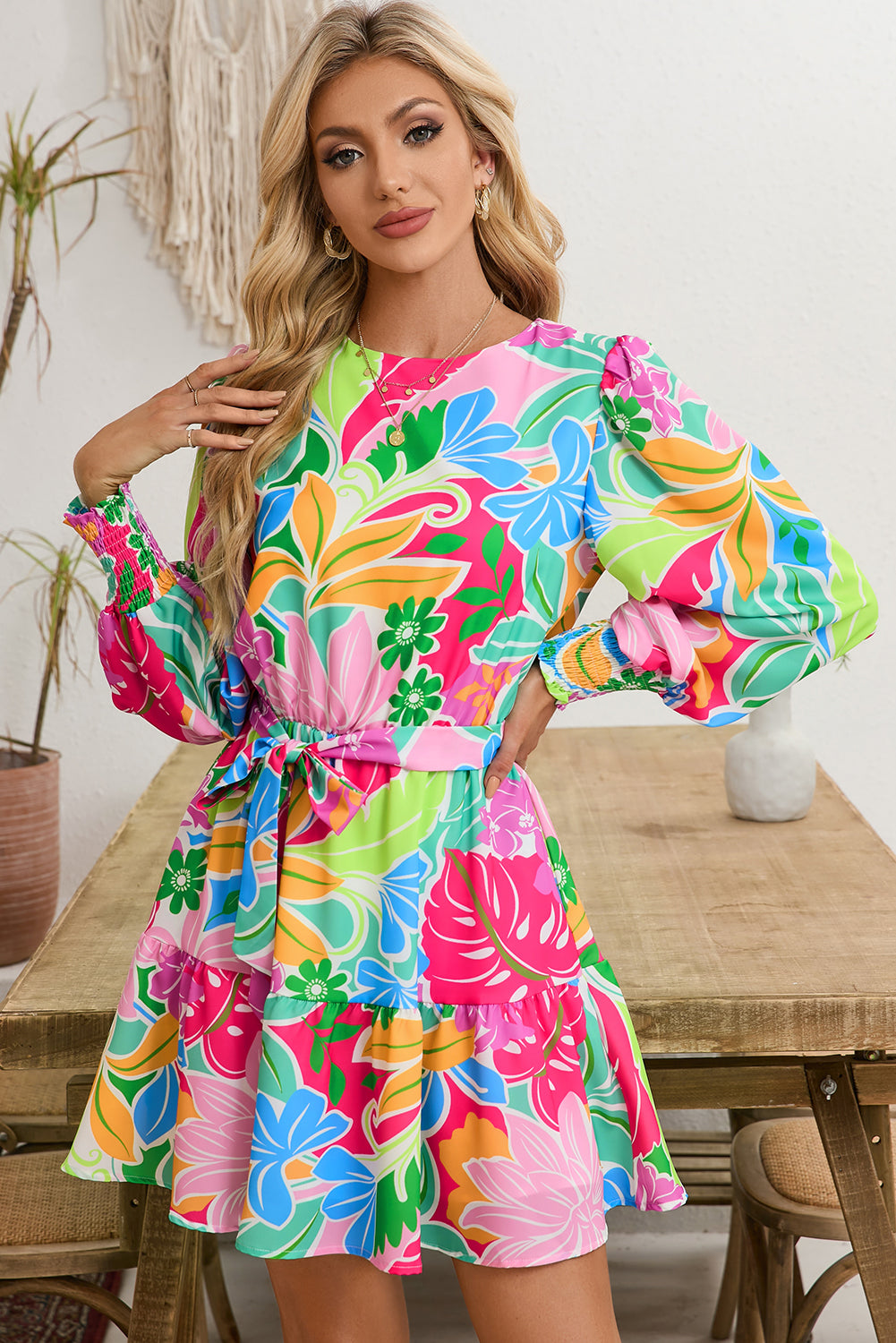 Green Botanical Print Bubble Sleeve Mini Dress