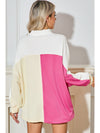 Rose Red Colorblock Patchwork Ribbed Oversized Henley Sweatshirt