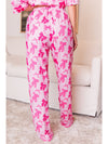 Pink Bow Knot Print Lapel Collar Short Sleeve and Pants Pajamas Set