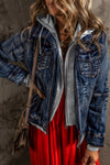 Dark Blue Distressed Fake Two-Piece Hooded Denim Jacket