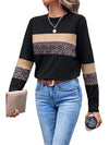 Khaki Leopard Colorblock Patchwork Crew Neck Top