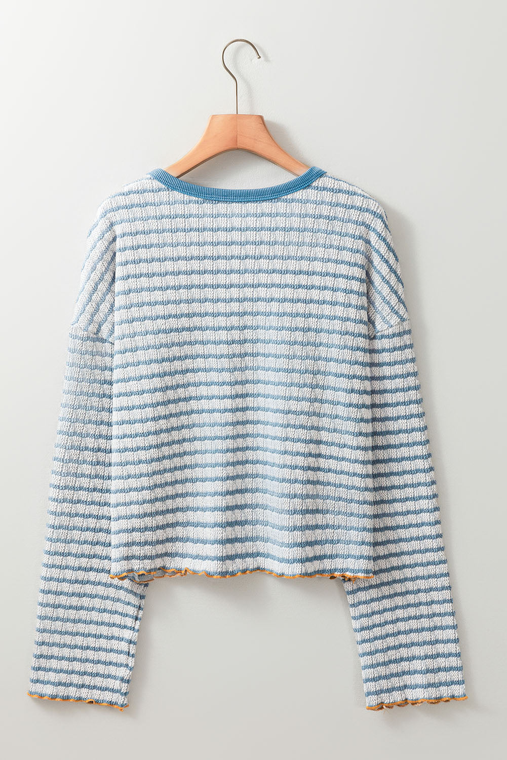 Sky Blue Stripe Textured Long Sleeve Henley Top