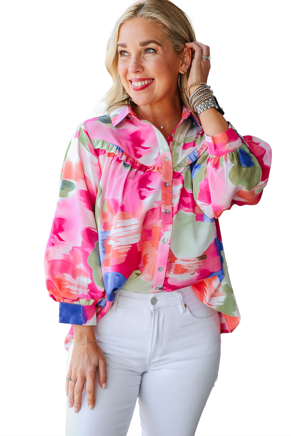 Multicolour Abstract Print Frill Detail Button Up Shirt