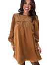 Desert Gold Velvet Pleated Puff Sleeve Shift Short Dress