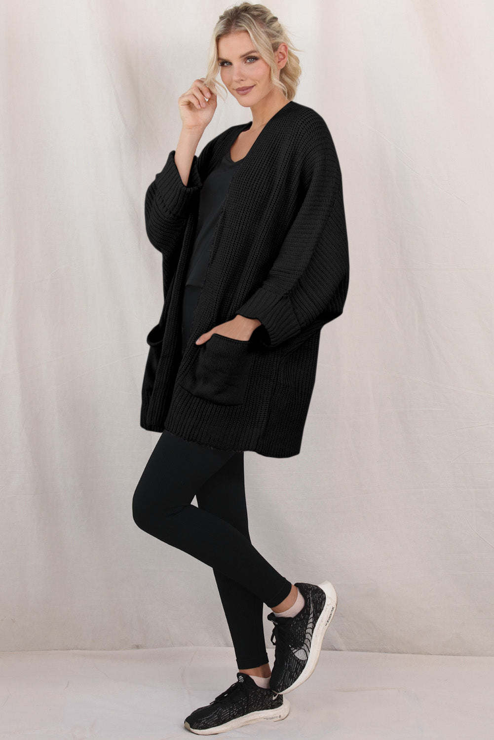 Khaki Batwing Sleeve Pocket Oversized Cable Knit Cardigan