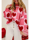 Pink Plus Size Heart Colorblock Mock Neck Lantern Sleeve Sweater