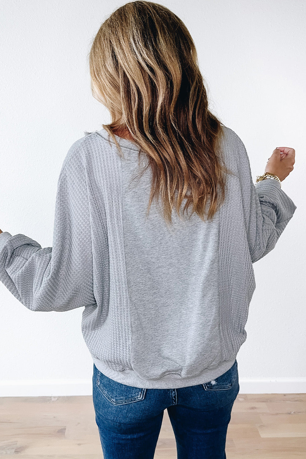 Light Grey Waffle Patchwork Long Sleeve Pullover Top