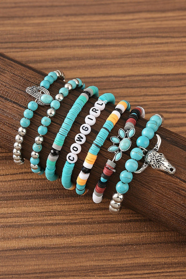 Turquoise 7pcs Retro Pendant Beaded Stretch Bracelet Set