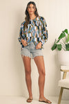 Green Geometric Print Button Balloon Sleeve Loose Fit Shirt