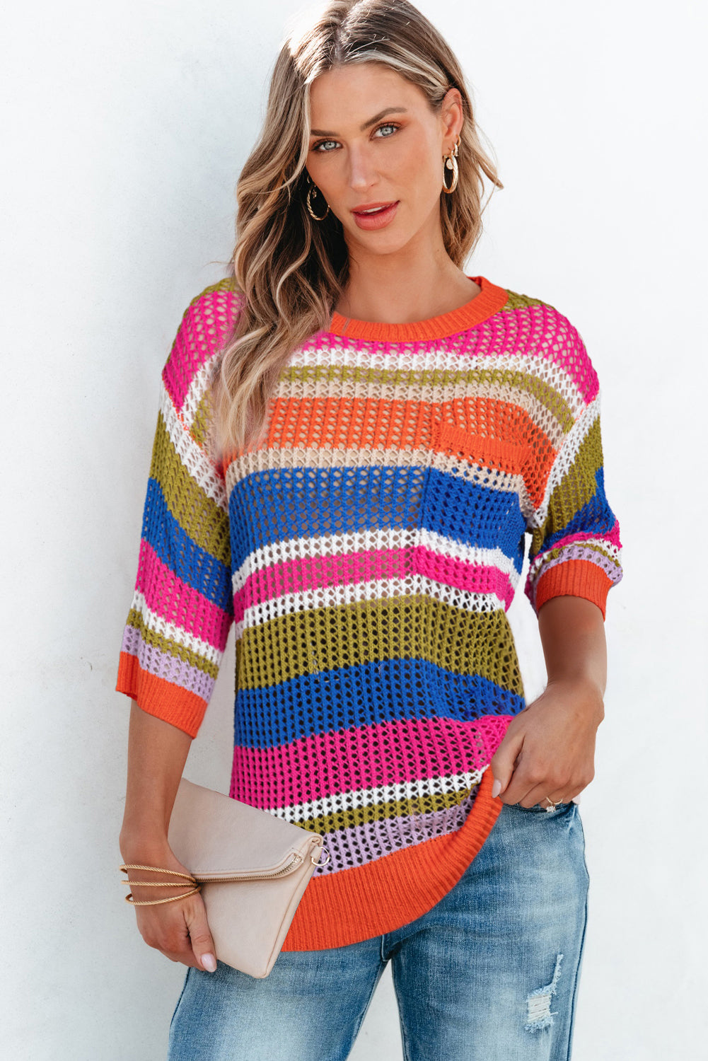 Pink Striped Color Block Hollow Crochet 3/4 Sleeve T Shirt