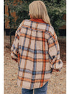 Brown Stripe Plus Size Plaid Print Collared Buttoned Jacket