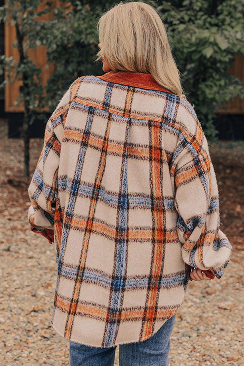 Brown Stripe Plus Size Plaid Print Collared Buttoned Jacket